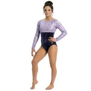 GK Elite VTG Purple Pink Glitter Block LS Velvet Rear Scoop Leotard FLAW Size AM